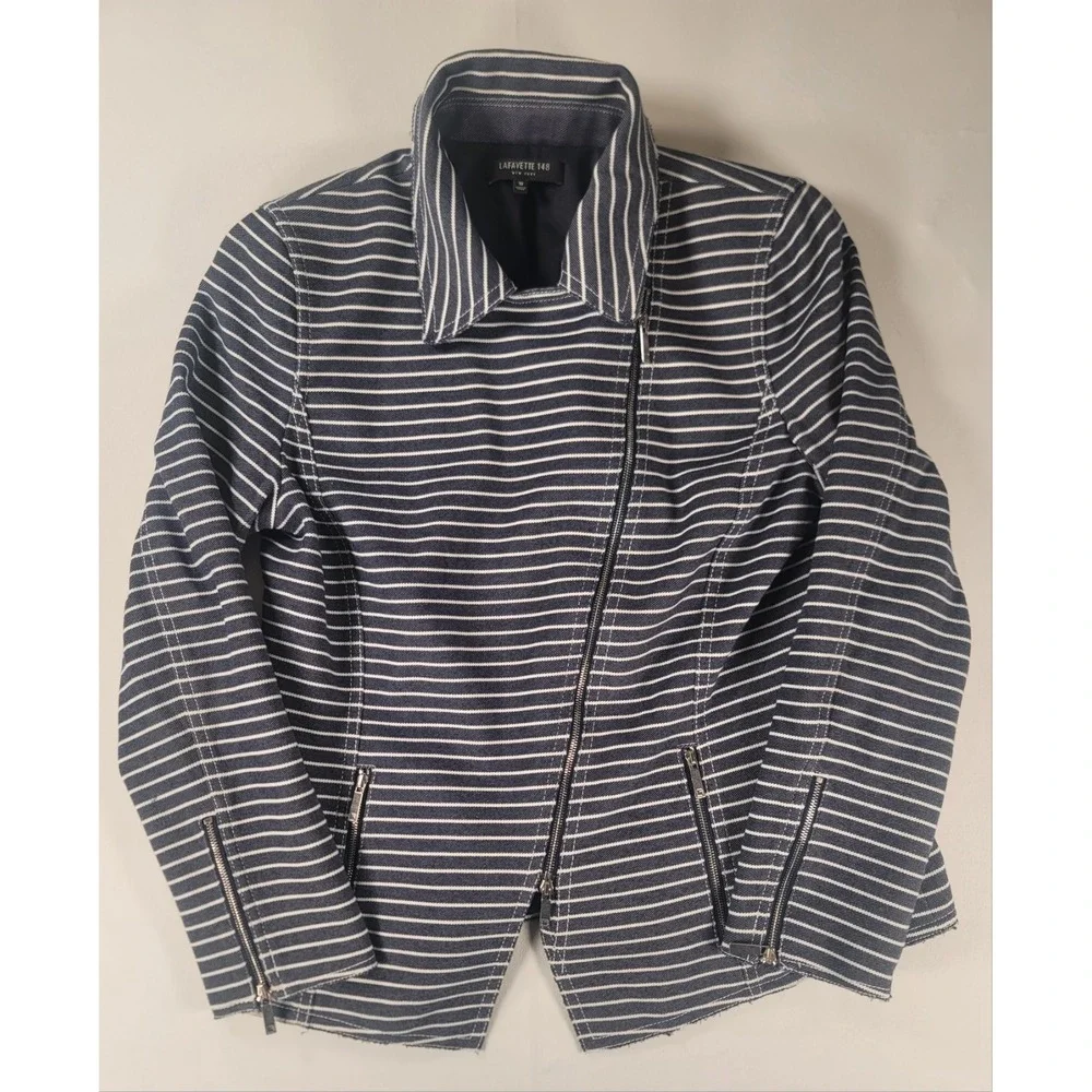 Lafayette 148 New York Striped Moto Jacket Size‎ 10 Asym Zip Raw Hem